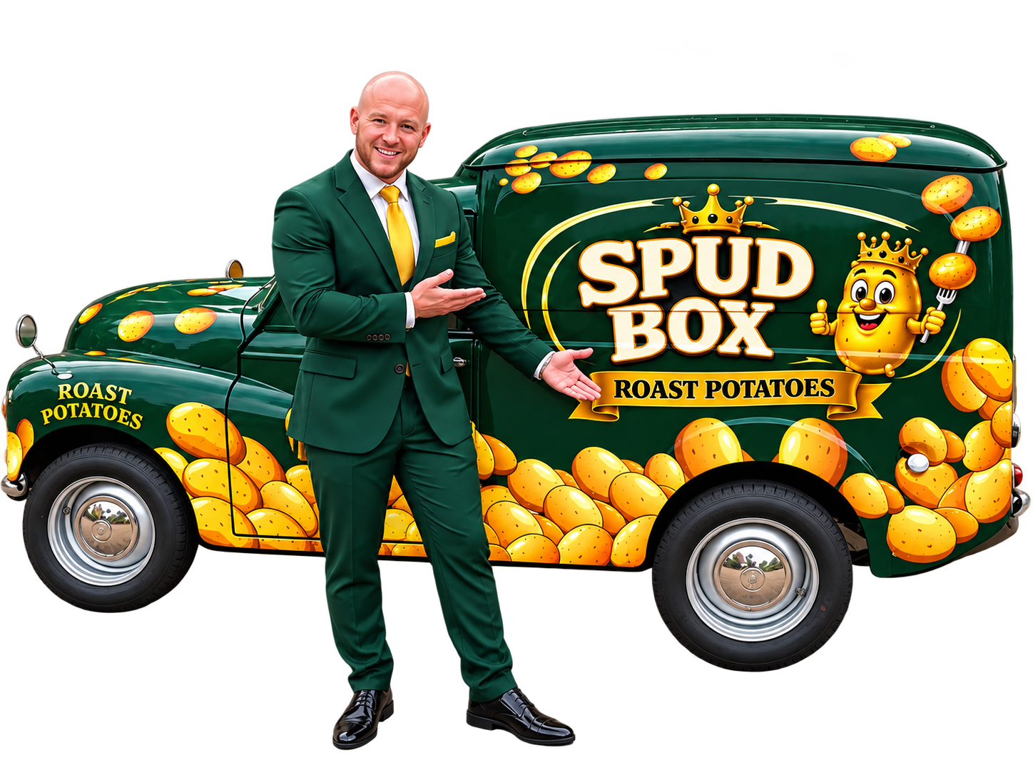 Spud Box roast potato van and team member wearing a green suit